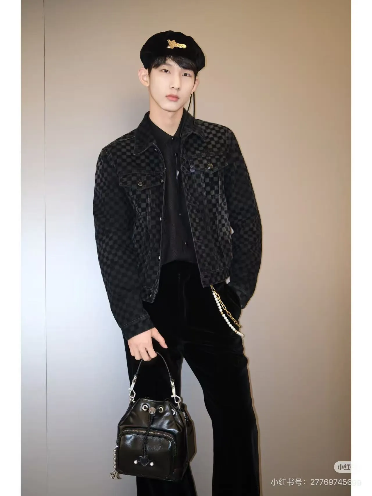 Louis Vuitton/Louis Vuitton Mosaic Flocked Checkered Spliced Denim Jacket